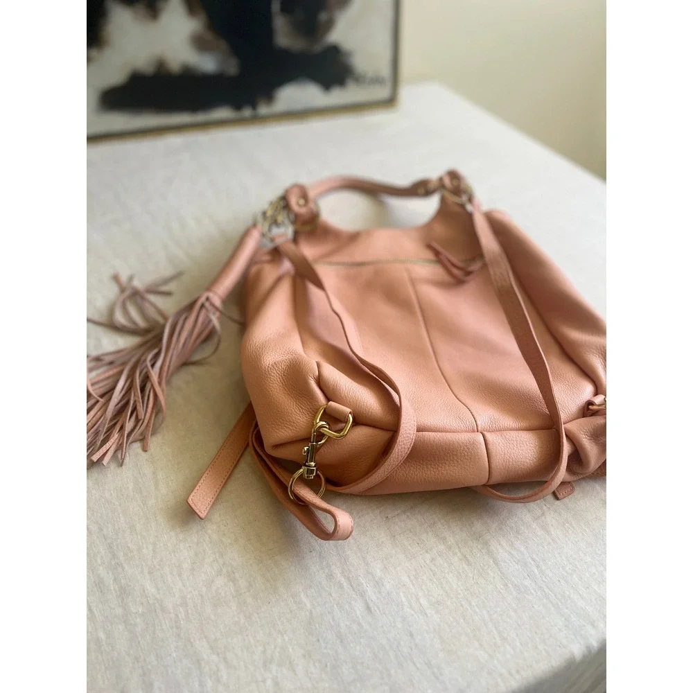 G.I.L.I. Blush Pink Pebbled Leather Convertible Backpack Tassel Stirrup Buckle